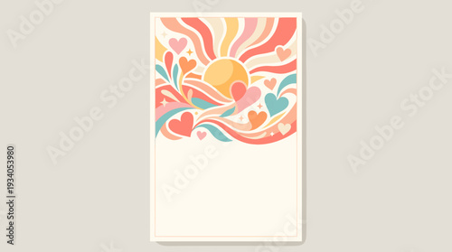 Warm and joyful vintage-inspired vector illustration featuring a radiating sunburst, colorful flowing waves, and scattered hearts, perfect for expressing love and happiness in design