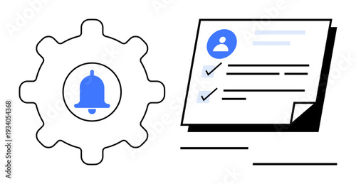 Gear with notification bell adjacent to a user profile checklist. Ideal for productivity, organization, automation, user preferences, system alerts, task tracking, workflow. A simple flat metaphor