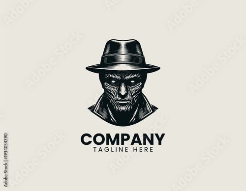 Horror style scarred man wearing fedora black vector logo illustration isolated on white background