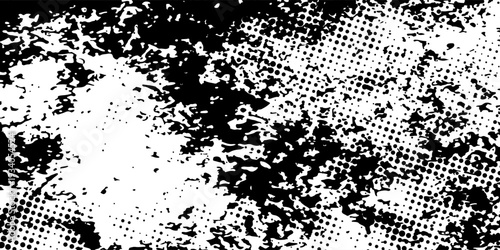 Monochrome grunge background featuring rough splashes and halftone dots, ideal for posters, street art themes, and edgy design projects.