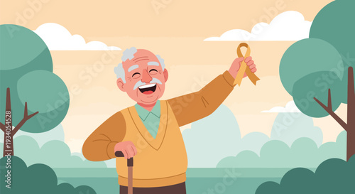 Joyful Senior Man Raising Yellow Awareness Ribbon in Park, Symbolizing Hope, Support, and Cancer Survival.