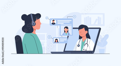 Telemedicine Consultation: Patient communicating with a female doctor via video call on a laptop, illustrating virtual healthcare and remote medical support.