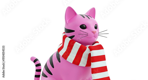 Pink Cat with Red and White Striped Scarf