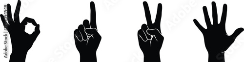 Black and white hand gesture silhouettes showing counting numbers, OK sign and peace symbol, minimalist vector illustration set