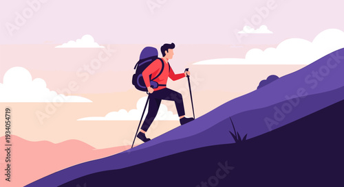 Male Hiker Climbing Steep Mountain Slope at Sunset. Outdoor Adventure, Journey, Success, and Persistence Concept Illustration.