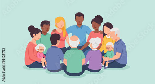 Diverse Multi-Generational Community Circle: Inclusion, Support, and Unity. Flat Vector Illustration.