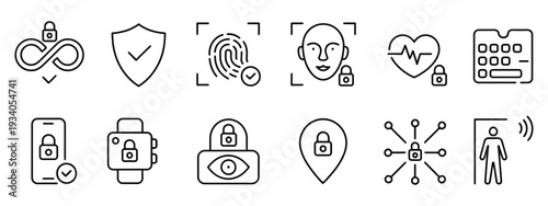 biometric authentication and cybersecurity line icon set with fingerprint face recognition and data protection symbols for digital identity verification and privacy concepts.