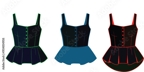 Colorful women dress vector illustration set, sleeveless fashion design isolated on white background, modern minimalist clothing concept