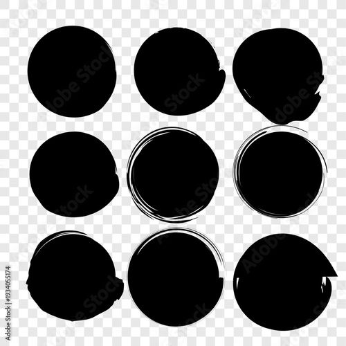 Ink circles set. Black brush Vector. Round blot icons. Artistic textured shapes. Dark liquid splats.