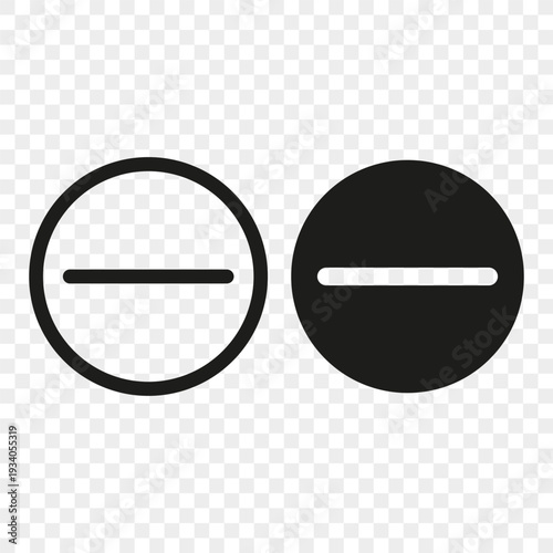 Negative sign set. Minus symbol circle. Vector button icons. Remove element marks. Interface navigation label sets.