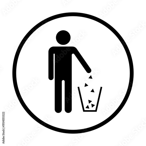Garbage disposal icon. Litter bin symbol. Vector person figure. Clean environment sign. Keep tidy ecology emblem.