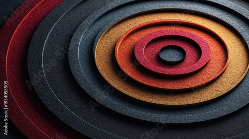 Abstract layered circles in red orange and black forming a spiral design