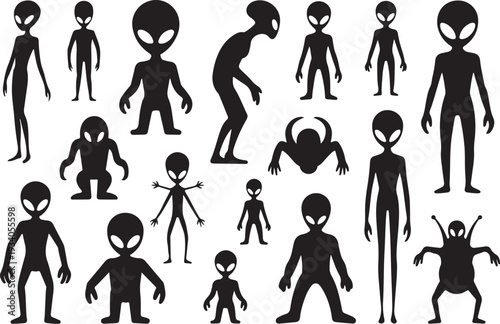 Black silhouettes of various alien figures aliens extraterrestrial