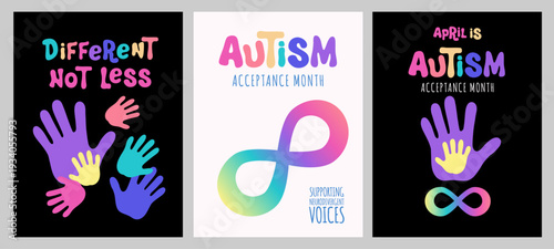 Autism acceptance month  social vertical poster, banner, minimal design with infinity symbol and hand drawn letters, template vector illustration
