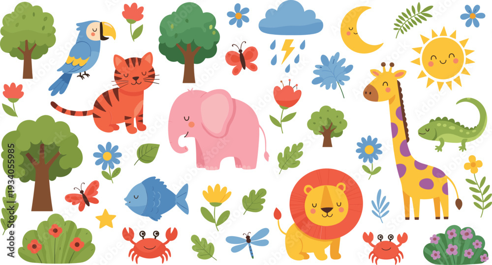 Obraz premium Cute Jungle and Forest Animals Cartoon Vector Illustration Set with Lion Elephant Giraffe and Tiger