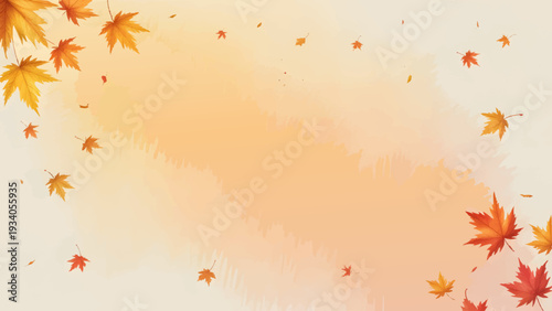 Autumn Leaves Watercolor Background with Copy Space, Fall Season Maple Foliage Border for Thanksgiving Card, Abstract Orange and Yellow Autumnal Nature Illustration, Horizontal Fall Banner with Painte
