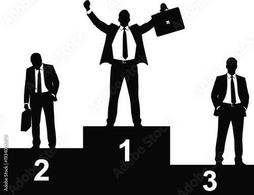 Businessmen podium ranking success competition,  triumphant winner holding briefcase, professional career growth, vector silhouette illustration, cad drawing flat vector illustration