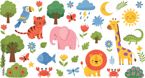 Cute Jungle and Forest Animals Cartoon Vector Illustration Set with Lion Elephant Giraffe and Tiger