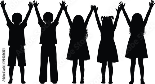 Black silhouettes of happy children standing in a row with raised hands