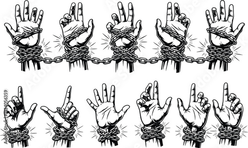 Hands bound with rope breaking free, oppression and liberation concept, freedom resistance illustration, symbolic gesture design, black silhouette vector art, cad drawing flat vector illustration