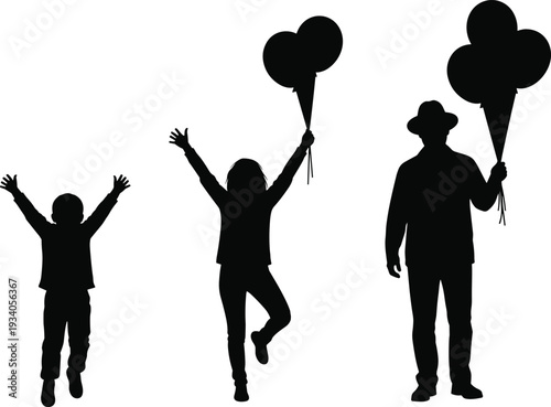 Black silhouettes of happy children and man holding balloons