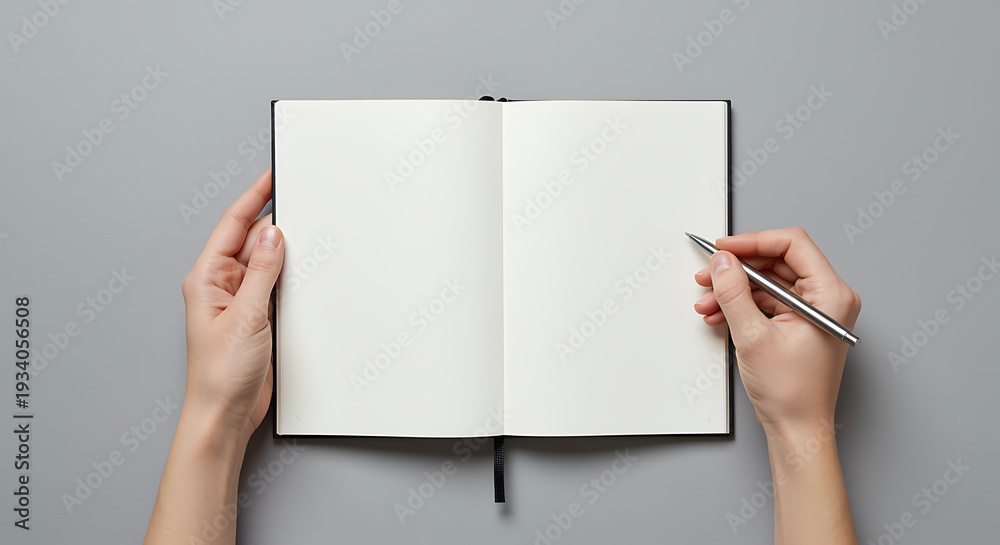Obraz premium A person holding an open notebook and a pen over a gray background.