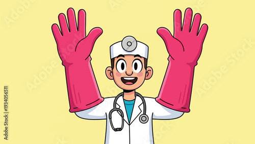 Cartoon Doctor Character Raising Hands in Huge Pink Gloves. Funny Medical Illustration for Hygiene, Safety, and Exaggerated Protection Concept.
