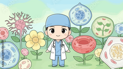 Chibi Doctor Character in a Scientific Garden of Cell Flowers (Neuron, RBC, Plant Cell) - Biology and Healthcare Education Mascot
