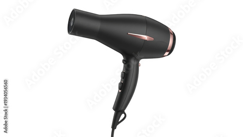 Black Hair Dryer in Modern Design with Red Accent in Studio Lighting on White Background for Beauty Products