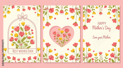 Set of three beautiful floral mothers day cards with colorful flowers and heart design on pink background