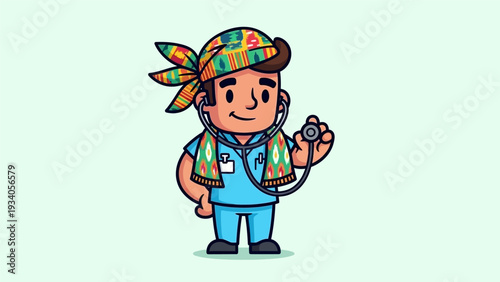 Friendly Cartoon Doctor Mascot in Scrubs with Stethoscope, Wearing Vibrant Ethnic Traditional Headwear and Scarf, Diverse Healthcare Professional Illustration