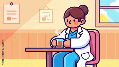 Doctor Taking a Coffee Break: Female Medical Professional Resting in Office Lounge with Hot Drink. Healthcare Worker Relaxation Illustration.