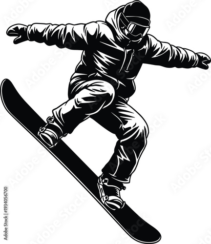 Snowboarder silhouette, winter sport action, extreme trick jump, athlete in motion, dynamic pose, snowboard gear, helmet goggles, cad drawing flat vector illustration