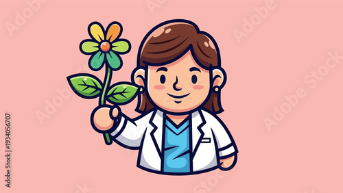 Cute Cartoon Female Doctor in Lab Coat Holding Flower. Healthcare, Natural Medicine, and Botany Mascot Icon.
