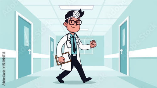 Cartoon Doctor Rushing Down Hospital Hallway. Physician Character Walking with Clipboard and Stethoscope. Medical Care Illustration.