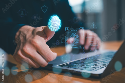 Futuristic biometric fingerprint security alert. Finger touching finger glowing scanner interface. Access denied, cyber attack warning, and identity theft protection concept