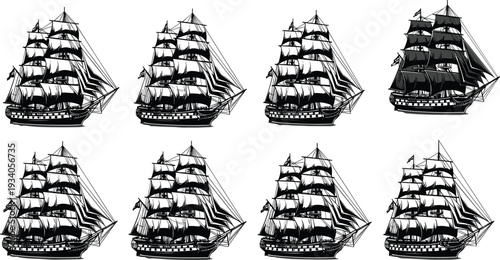 WebSailing ship silhouette illustration set, nautical vessel collection, maritime transport concept, classic tall ship design, black and white vector art, cad drawing flat vector illustration