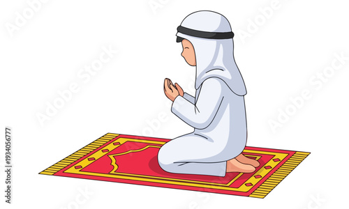 Cartoon Muslim Man Kneeling and Praying on Red Mat