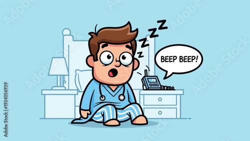 Stressed Doctor Waking Up to Pager Alarm Bleeping on Nightstand. Medical Professional Abruptly Interrupted During Sleep On-Call Duty Cartoon.