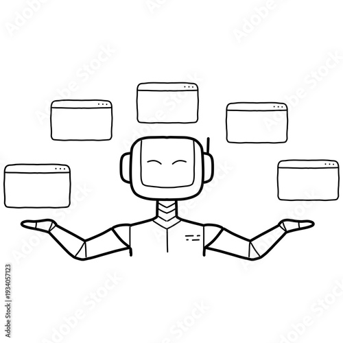 Ai agent robot chatbot automation multitasking interface window line icon on transparency background showing virtual assistant handling multiple browser panel for workflow support and productivity