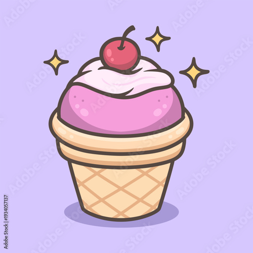 Pink Ice Cream Cone with Cherry Illustration for icon sticker and other uses.