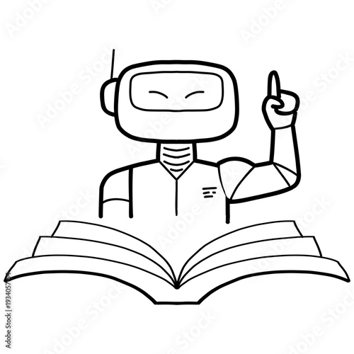 Ai agent robot book education learning knowledge icon line art showing helpful assistant raising finger above open textbook for digital tutoring concept on transparency background