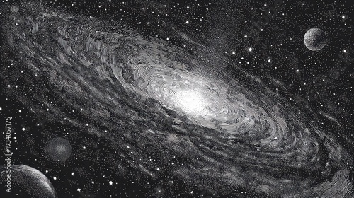 Spiral galaxy illustration with stars and planets in a dark space background