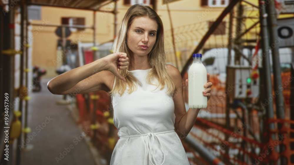 Fototapeta premium Blonde woman in white dress holding a milk bottle shows thumbs down in street with scaffolding and orange netting visible; disapproval food safety.