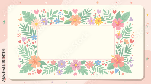 Beautiful floral frame with pastel colors and hearts, perfect for cards and decorations