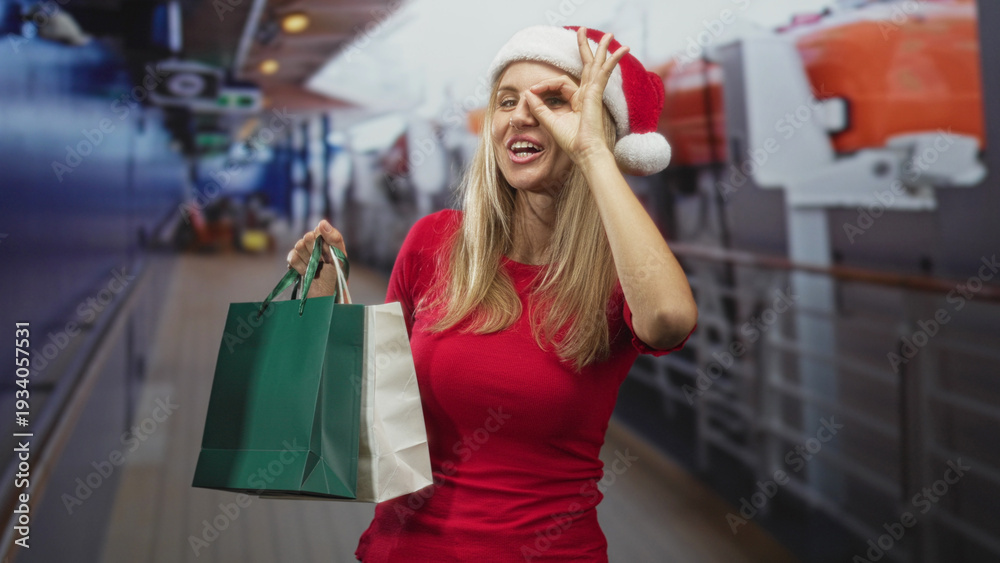 Fototapeta premium Woman holding shopping bags and making ok circle with fingers over eye in building corridor; festive joy.