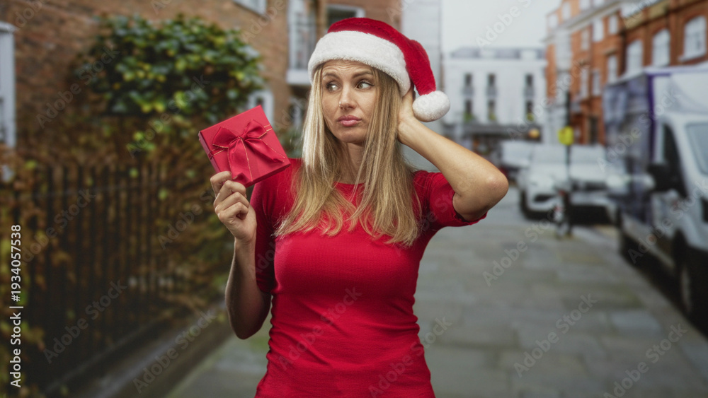 Fototapeta premium Woman holding a wrapped gift, hand to head on street wearing a red santa hat and red shirt; contemplative holiday thought.