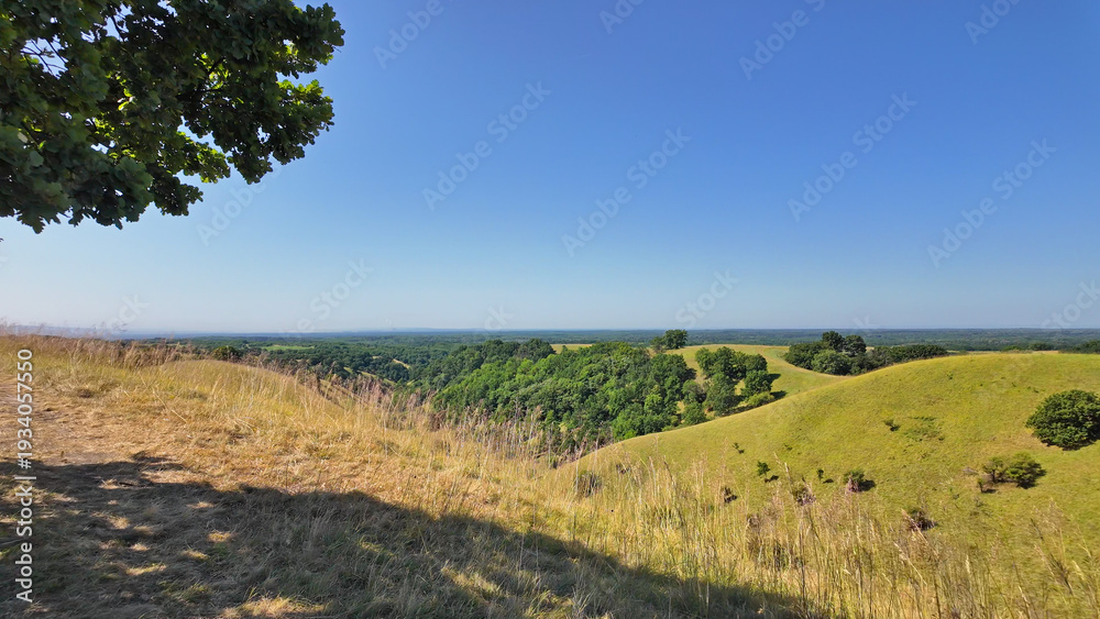 Fototapeta premium Tranquil sunny summer landscape with green fields and hills in south-eastern Europe, Serbia.