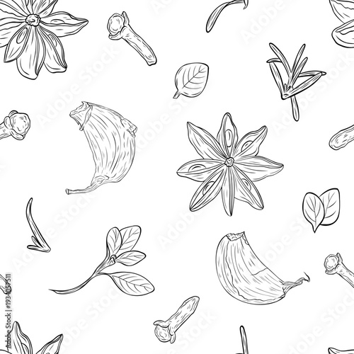 Garlic clove, star anise, dry cloves, oregano. Monochrome botanical seamless pattern drawing of fragrant herbs and spices. Graphic ink vector. Good for decoration of cooking, menu, decor, stickers