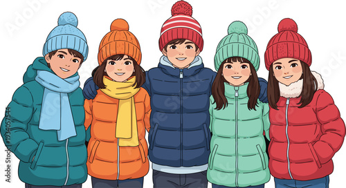 Group of happy diverse children wearing colorful winter jackets and hats